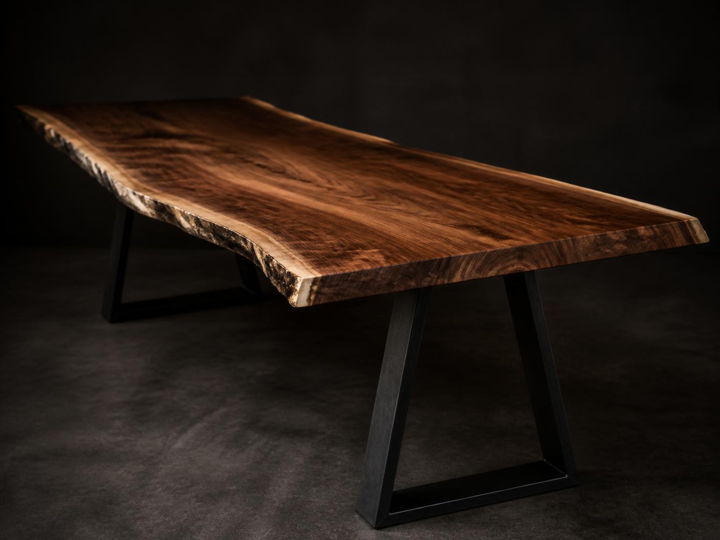 Walnut live edge dining table with a natural bark edge and blackened steel base in low raking light